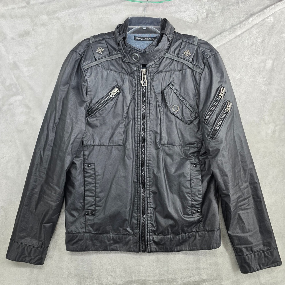 MONARCHY Mens Black Faux Leather Moto Jacket Studded Zip Pockets Size Small